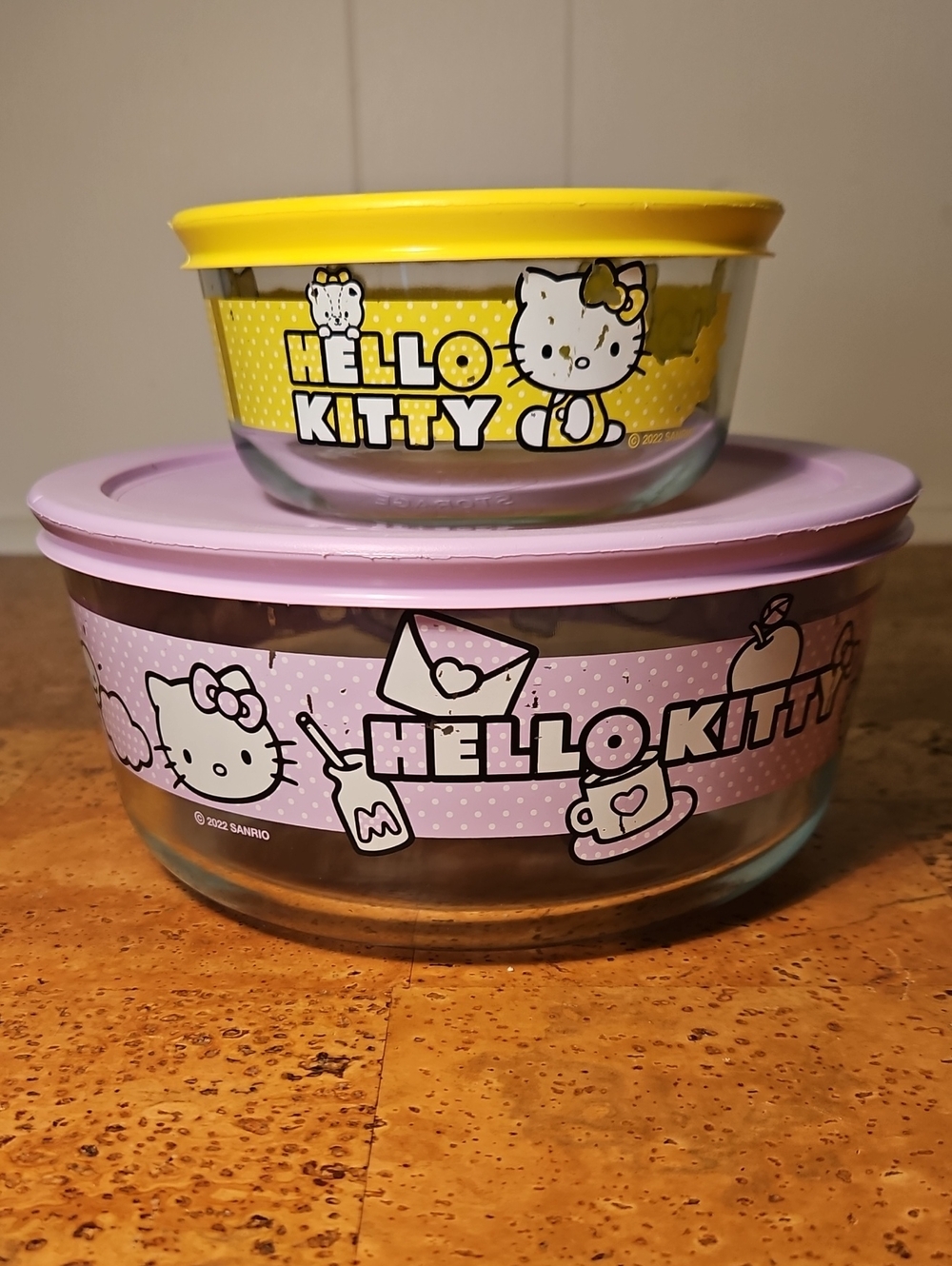 Hello Kitty Pyrex Glass Storage Set with Yellow and Lavender Lids